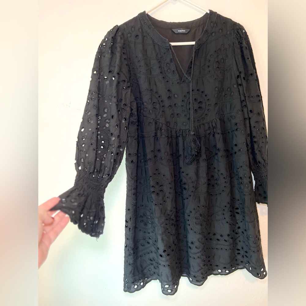 Dakotoo Black Eyelet Cotton Dress Womens Large Cottage Boho. Size M..